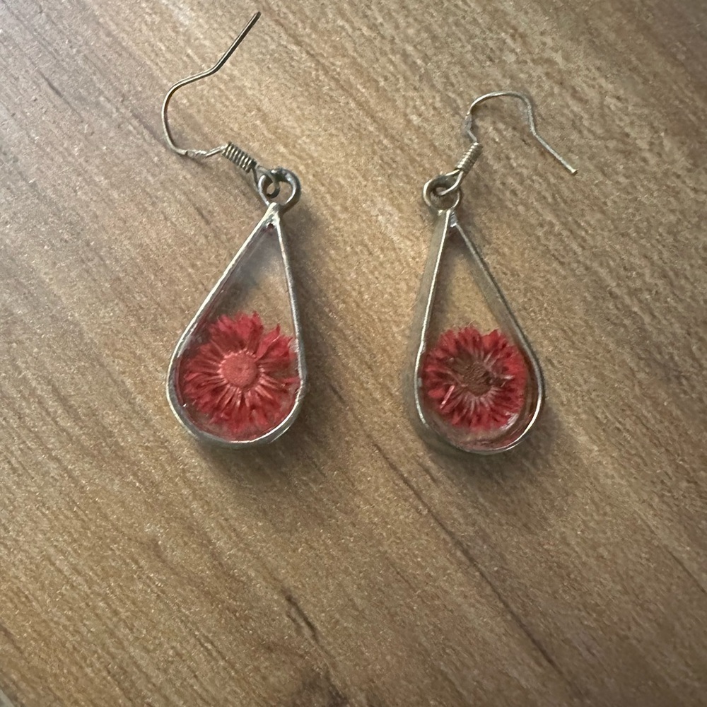 Elegant Silver and Pink Floral Teardrop Earrings - Picture 2 of 3